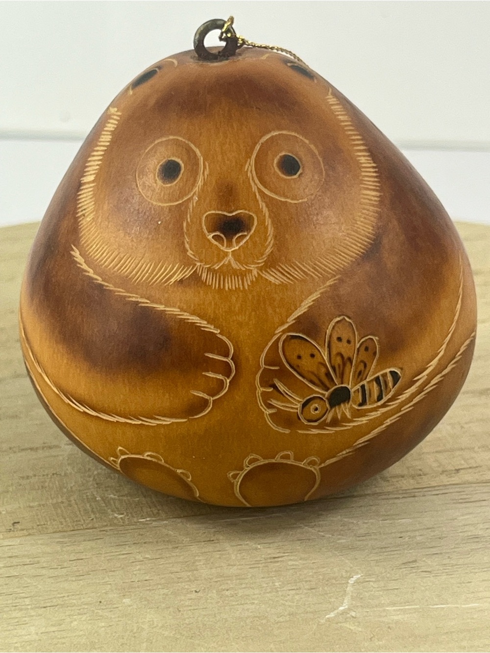 Lucuma Hand-carved Peruvian Bear And Honey Bee Gourd Christmas Ornament Folkart